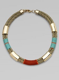 Thread-wrapped rope accented with shiny metal tubes for a colorful, tribal-inspired style. RopeThreadMetalLength, about 18Lobster clasp closureMade in USA Thread-wrapped rope accented with shiny metal tubes for a colorful, tribal-inspired style. RopeThreadMetalLength, about 18Lobster clasp closureMade in USA