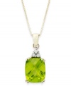 Take your look to the next level with the right amount of color. A rectangular-cut peridot (3-1/4 ct. t.w.) and a crown of diamond accents adds sparkle to this shining 14k gold necklace. Approximate length: 18 inches. Approximate drop: 3/4 inch.