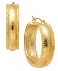 Beautifully etched at the edges, these elegant hoop earrings from Charter Club are styled in a band silhouette. Crafted in gold tone mixed metal. Approximate drop: 1-1/5 inches. Beautifully etched at the edges, these elegant hoop earrings from Charter Club are styled in a band silhouette. Crafted in gold tone mixed metal. Approximate drop: 1-1/5 inches.