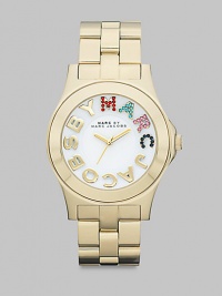 Colorful crystals accent the logo dial on this simply chic, stainless steel style. Quartz movementWater resistant to 5 ATMRound goldtone ion-plated stainless steel case, 40mm (1.6) Smooth bezelWhite dialCrystal accented and smooth logo hour markersSecond hand Goldtone ion-plated stainless steel link braceletImported Colorful crystals accent the logo dial on this simply chic, stainless steel style. Quartz movementWater resistant to 5 ATMRound goldtone ion-plated stainless steel case, 40mm (1.6) Smooth bezelWhite dialCrystal accented and smooth logo hour markersSecond hand Goldtone ion-plated stainless steel link braceletImported