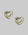 From the Heart Collection. Modern hearts, sculpted in cabled sterling silver, framed in 18k gold. Sterling silver and 18k yellow gold Length, about ½ Post back Imported