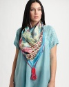 A glorious woven silk scarf with a perfectly charming print.42 X 42SilkHand washImported
