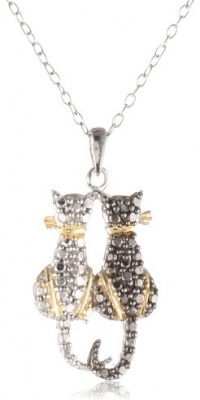 Sterling Silver Black-Diamond Two Cat Pendant Necklace Sterling Silver Black-Diamond Two Cat Pendant Necklace