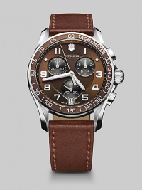 Experience a stylish moment in time with this signature chronograph style, with handsome features including a ceramic bezel, luminous hands and sleek, stainless steel bracelet.Chronograph movementRound bezelWater resistant to 10 ATMDate display at 5 o'clock Second handStainless steel case: 41mm(1.61)Leather braceletMade in Switzerland Experience a stylish moment in time with this signature chronograph style, with handsome features including a ceramic bezel, luminous hands and sleek, stainless steel bracelet.Chronograph movementRound bezelWater resistant to 10 ATMDate display at 5 o'clock Second handStainless steel case: 41mm(1.61)Leather braceletMade in Switzerland