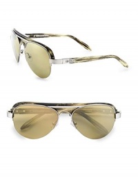 A bold top frame defines this timeless, lightweight metal aviator design. Available in shiny black with smoke lens, or olive brown horn with brown lens.UV 400 lensImported A bold top frame defines this timeless, lightweight metal aviator design. Available in shiny black with smoke lens, or olive brown horn with brown lens.UV 400 lensImported