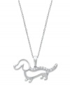 Pay tribute to your favorite long and loyal friend. This sparkling pendant features a cut-out dachshund decorated by round-cut diamonds (1/10 ct. t.w.). Set in sterling silver with a rhodium-plated chain. Approximate length: 18 inches. Approximate drop length: 3/5 inch. Approximate drop width: 1 inch.