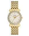 Indulge yourself with the sparkle and shine of this chic watch by Caravelle by Bulova. Gold tone mixed metal bracelet and case. Bezel embellished with crystal accents. Textured silver tone dial features gold tone numerals at markers, minute track, three hands and logo. Quartz movement. Water resistant to 30 meters. Two-year limited warranty.