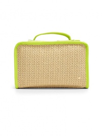 THE LOOKNatural raffia with bright neon leather trimRectangular block silhouetteZip-around closure with tassel pullSignature goldtone S studInside logo printSeparate clear pouch with removable mirrorOne inside zip compartmentSide elastic straps hold brushes and cosmetics in placeTHE MEASUREMENT10W X 6½H X 3DTHE MATERIALRaffiaLeather trimFully linedORIGINImported THE LOOKNatural raffia with bright neon leather trimRectangular block silhouetteZip-around closure with tassel pullSignature goldtone S studInside logo printSeparate clear pouch with removable mirrorOne inside zip compartmentSide elastic straps hold brushes and cosmetics in placeTHE MEASUREMENT10W X 6½H X 3DTHE MATERIALRaffiaLeather trimFully linedORIGINImported