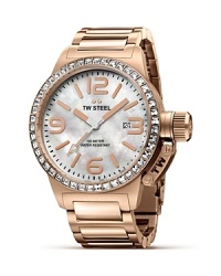 Accented with 46 white Swarovski crystals, TW Steel's 3-hand dial Canteen watch lends a luxe look with a mother of pearl dial and rosegold plated numerals. Accented with 46 white Swarovski crystals, TW Steel's 3-hand dial Canteen watch lends a luxe look with a mother of pearl dial and rosegold plated numerals.