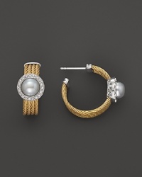 Charriol Classique Stainless Steel and Yellow PVD Hoop Earrings with Pearl and Diamonds, 0.18 ct. t.w. Charriol Classique Stainless Steel and Yellow PVD Hoop Earrings with Pearl and Diamonds, 0.18 ct. t.w.
