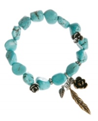 Embrace your natural side. Lucky Brand's free-spirited bracelet combines semi-precious reconstituted calcite turquoise with flower and feather charms in mixed metal. Elastic bracelet stretches to fit wrist. Approximate diameter: 2-3/4 inches. Embrace your natural side. Lucky Brand's free-spirited bracelet combines semi-precious reconstituted calcite turquoise with flower and feather charms in mixed metal. Elastic bracelet stretches to fit wrist. Approximate diameter: 2-3/4 inches.