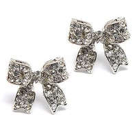 Fashion Crystal Pave Bow Ribbon Stud Earrings Silver