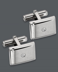 Polish, shine and presentation. Complete your overall look with the perfect finishing touch. Rectangular cuff links feature a sparkling diamond accent set in stainless steel. Crafted with a swivel backing for easy use. Approximate length: 5/8 inch. Approximate width: 1/2 inch. Polish, shine and presentation. Complete your overall look with the perfect finishing touch. Rectangular cuff links feature a sparkling diamond accent set in stainless steel. Crafted with a swivel backing for easy use. Approximate length: 5/8 inch. Approximate width: 1/2 inch.
