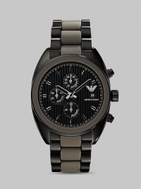 Classic chronograph functionality with a modern, sporty twist in stainless steel with a silicone bracelet. Round bezel Quartz movement Three-eye chronograph functionality Water resistant to 3 ATM Date function Second hand Stainless steel case: 43mm (1.69) Silicone bracelet: 23mm (0.90) Imported 
