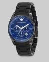 Classic chronograph functionality with a modern, sporty twist in stainless steel with an IP bezel and easy silicone strap. Round bezel Quartz movement Three-eye chronograph functionality Water resistant to 5 ATM Date function Second hand Stainless steel case: 38mm (1.69) Rubber strap: 23mm (0.90) Imported 