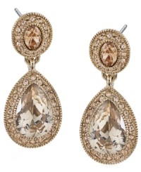 Double up on the drama. Carolee's pretty teardrop earrings features round, oval, and pear-cut pave glass accents set in 12k gold tone mixed metal. Approximate drop: 1-1/2 inches. Double up on the drama. Carolee's pretty teardrop earrings features round, oval, and pear-cut pave glass accents set in 12k gold tone mixed metal. Approximate drop: 1-1/2 inches.