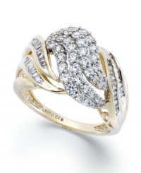 Twist and shine. This dazzling YellOra™ ring features round and baguette-cut diamonds in a chic, swirling pattern (1 ct. t.w.). Precious metal made from a combination of pure gold, sterling silver and palladium. Twist and shine. This dazzling YellOra™ ring features round and baguette-cut diamonds in a chic, swirling pattern (1 ct. t.w.). Precious metal made from a combination of pure gold, sterling silver and palladium.