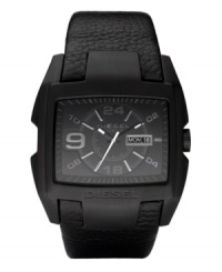 Superhero style in black on black, by Diesel. Black leather strap and rectangular black ion-plated stainless steel case, 36x49mm. Black dial features applied numerals and stick indices, printed minute track, day and date window at three o'clock, luminous hands and logo. Quartz movement. Water resistant to 50 meters. Two-year limited warranty. Superhero style in black on black, by Diesel. Black leather strap and rectangular black ion-plated stainless steel case, 36x49mm. Black dial features applied numerals and stick indices, printed minute track, day and date window at three o'clock, luminous hands and logo. Quartz movement. Water resistant to 50 meters. Two-year limited warranty.