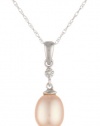 10k White Gold Pink Freshwater Cultured Pearl Diamond Pendant Necklace (.005 cttw, I-J- Color, I1-I2 Clarity), 18