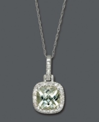 A pop of pastel creates a fresh look for spring. Square-cut green quartz (1-5/8 ct. t.w.) sparkles within a halo of round-cut diamonds (1/6 ct. t.w.). Setting and chain crafted in 14k white gold. Approximate length: 18 inches. Approximate drop: 3/4 inch. A pop of pastel creates a fresh look for spring. Square-cut green quartz (1-5/8 ct. t.w.) sparkles within a halo of round-cut diamonds (1/6 ct. t.w.). Setting and chain crafted in 14k white gold. Approximate length: 18 inches. Approximate drop: 3/4 inch.