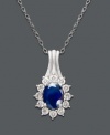 A single drop of beauty to adorn your neckline. A stunning oval-cut sapphire (9/10 ct. t.w.) is surrounded by a luminous ring of round-cut diamond accents. Necklace crafted in 10k white gold with tapered bail. Approximate length: 18 inches. Approximate drop: 1-1/2 inches.