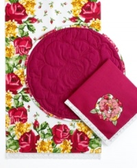 Stitched with a rose, these round Rose Bud Kiss placemats from Homewear feature quilted blooms in a machine washable blend to refresh casual tables with ease. Stitched with a rose, these round Rose Bud Kiss placemats from Homewear feature quilted blooms in a machine washable blend to refresh casual tables with ease.