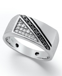 Treat him to a look that shines. This stand out men's ring features a unique linear design highlighting round-cut black diamonds (1/10 ct. t.w.) and white diamonds (1/8 ct. t.w.). Set in sterling silver. Size 10-1/2.