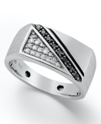Treat him to a look that shines. This stand out men's ring features a unique linear design highlighting round-cut black diamonds (1/10 ct. t.w.) and white diamonds (1/8 ct. t.w.). Set in sterling silver. Size 10-1/2. Treat him to a look that shines. This stand out men's ring features a unique linear design highlighting round-cut black diamonds (1/10 ct. t.w.) and white diamonds (1/8 ct. t.w.). Set in sterling silver. Size 10-1/2.