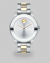 Bold watch with a two-tone stainless steel link bracelet. Swiss quartz movementWater resistant to 3 ATMRound stainless steel case, 36mm (1.4) Mirrored bezelSilvertone dial with goldtone handsTwo-tone stainless steel link braceletMade in Switzerland 