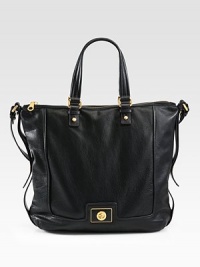 A roomy carryall in luxurious leather, perfectly sized for all your essentials.Double top handles, 7½Shoulder strap, 11½ dropTop zip closureProtective metal feetOne inside zip pocketTwo inside open pocketsFully lined16W X 13H X 4¾DImported A roomy carryall in luxurious leather, perfectly sized for all your essentials.Double top handles, 7½Shoulder strap, 11½ dropTop zip closureProtective metal feetOne inside zip pocketTwo inside open pocketsFully lined16W X 13H X 4¾DImported