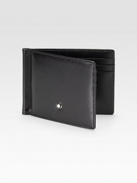 Leather money clip made of smooth leather with palladium-plated metal accents.One billfold compartmentSix credit card slotsLeather4¼W x 3¼HMade in Italy Leather money clip made of smooth leather with palladium-plated metal accents.One billfold compartmentSix credit card slotsLeather4¼W x 3¼HMade in Italy