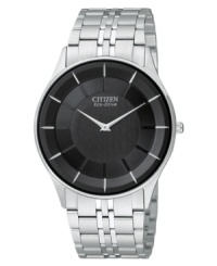 This Citizen watch has the essential elements of timeless style. Stainless steel bracelet and round case. Black dial with stick indices, logo and sapphire crystal. Analog movement. Water resistant to 100 meters. Five-year limited warranty. This Citizen watch has the essential elements of timeless style. Stainless steel bracelet and round case. Black dial with stick indices, logo and sapphire crystal. Analog movement. Water resistant to 100 meters. Five-year limited warranty.