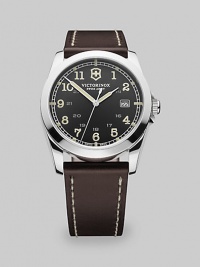 A quality timepiece expertly crafted from a scratch-resistant, triple coated crystal quartz with a smooth leather strap bracelet, representing high performance and timeless style.Quartz movementRound bezelWater resistant to 100ATMDate display at 3 o'clockSecond handStainless steel case: 40mm(1.57)Leather strap braceletImported A quality timepiece expertly crafted from a scratch-resistant, triple coated crystal quartz with a smooth leather strap bracelet, representing high performance and timeless style.Quartz movementRound bezelWater resistant to 100ATMDate display at 3 o'clockSecond handStainless steel case: 40mm(1.57)Leather strap braceletImported