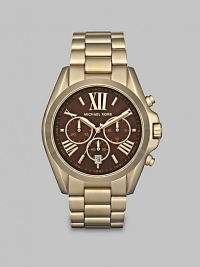 A distinguished timepiece in goldtone stainless steel with a technical chronograph dial. Quartz movementWater resistant to 10 ATMRound goldton stainless steel case, 43mm (1.7)Smooth bezelBrown chronograph dialRoman numeral and bar hour markersDate display at 6 o'clockSecond hand Goldtone stainless steel link braceletImported A distinguished timepiece in goldtone stainless steel with a technical chronograph dial. Quartz movementWater resistant to 10 ATMRound goldton stainless steel case, 43mm (1.7)Smooth bezelBrown chronograph dialRoman numeral and bar hour markersDate display at 6 o'clockSecond hand Goldtone stainless steel link braceletImported
