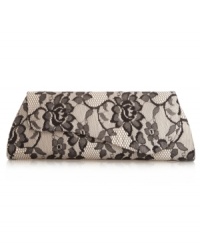 Lovely in lace. This gorgeous design will add interest to any night-out ensemble with a satin base covered in lace and a unique asymmetrical flap. Lovely in lace. This gorgeous design will add interest to any night-out ensemble with a satin base covered in lace and a unique asymmetrical flap.