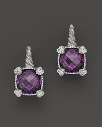 Brilliant purple crystal is framed with four petite hearts on these cushion stone earrings from Judith Ripka. Brilliant purple crystal is framed with four petite hearts on these cushion stone earrings from Judith Ripka.