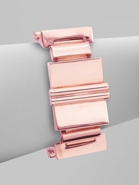 An ultra bold, ultra modern design of rectangular linked panels with an industrial look and a glowing rose goldplated finish.Rose goldplatedLength, about 6¾Width, about 1Doorknocker safety claspMade in Italy An ultra bold, ultra modern design of rectangular linked panels with an industrial look and a glowing rose goldplated finish.Rose goldplatedLength, about 6¾Width, about 1Doorknocker safety claspMade in Italy