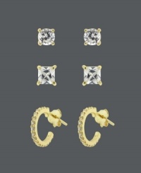 No matter the occasion -- B. Brilliant's got your accessorizing needs covered! This stylish three pair earring set features one pair of round-cut cubic zirconia studs (1/2 ct. t.w.), one pair of square-cut cubic zirconia studs (1/2 ct. t.w.), and three-quarter hoops decorated with cubic zirconias (1/3 ct. t.w.). Set in 18k gold over sterling silver. Approximate round diameter: 4 mm. Approximate square diameter: 4 mm. Approximate hoop diameter: 1/2 inch. No matter the occasion -- B. Brilliant's got your accessorizing needs covered! This stylish three pair earring set features one pair of round-cut cubic zirconia studs (1/2 ct. t.w.), one pair of square-cut cubic zirconia studs (1/2 ct. t.w.), and three-quarter hoops decorated with cubic zirconias (1/3 ct. t.w.). Set in 18k gold over sterling silver. Approximate round diameter: 4 mm. Approximate square diameter: 4 mm. Approximate hoop diameter: 1/2 inch.