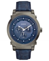 A sporty design gets upgraded with rich, blue-colored leather on this GUESS watch. A sporty design gets upgraded with rich, blue-colored leather on this GUESS watch.