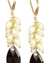 Gold Plated Sterling Silver Lever Back Cluster Earrings with White Freshwater Cultured Pearl Drop and Crystallized Swarovski Elements Jet Bicone Beads