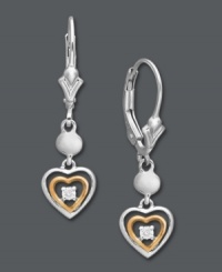 Let cupid make his mark. This romantic earring style feature petite heart charm drop accented by sparkling diamonds. Setting crafted from sterling silver and 14k rose gold accents. Approximate drop: 1-1/4 inches. Let cupid make his mark. This romantic earring style feature petite heart charm drop accented by sparkling diamonds. Setting crafted from sterling silver and 14k rose gold accents. Approximate drop: 1-1/4 inches.