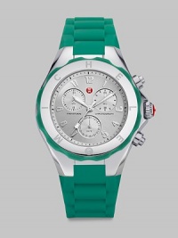 From the Tahitian Jean Bean Collection. Be bold and sporty with this colorful and technical timepiece. Quartz movementWater resistant to 5 ATMRound stainless steel case, 40mm (1.6) Logo etched bezelSilvertone sunray dialNumeric hour markersSecond hand Sea green silicone strapImported