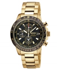 Elevate your fashion sense with this golden chronograph from Seiko. The Aviator collection soaks up solar power and boasts alarm functions for a truly dynamic timepiece. Elevate your fashion sense with this golden chronograph from Seiko. The Aviator collection soaks up solar power and boasts alarm functions for a truly dynamic timepiece.