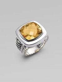 From the Albion Collection. Radiantly faceted citrine glows within a smooth setting and a double cable band of sterling silver. Citrine Sterling silver About ½ square Made in USA