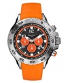 Power up your everyday style with this multi-functional watch from Nautica, in a striking, cool orange. Orange polyurethane strap. Silvertone stainless steel round case. Black and orange round dial with three subdials, numerical indices, date window and logo. Analog movement. Water resistant to 100 meters. Five-year limited warranty.