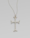 A graceful French Gothic cross sparkles with the dazzle of diamonds set in sterling silver on a woven silver chain with gold accents.Diamonds, .60 tcwSterling silver and 14k yellow goldChain length, about 18Pendant length, about 1½Spring ring claspMade in USA