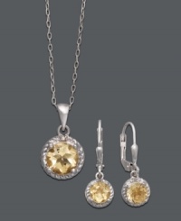 Liven your look with a sweet touch of sunshine. Victoria Townsend's sparkling jewelry set highlights round-cut citrine (3 ct. t.w.) encircled by sparkling diamond accents. Crafted in sterling silver. Approximate length: 18 inches. Approximate pendant drop: 3/4 inch. Approximate earring diameter: 1 inch.