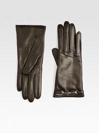 Sleek, shiny leather with goldtone horsebit, lined with luxe cashmere.About 9.25 longCashmere liningLeatherDry cleanMade in Italy Sleek, shiny leather with goldtone horsebit, lined with luxe cashmere.About 9.25 longCashmere liningLeatherDry cleanMade in Italy