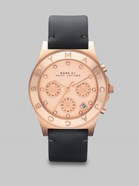 This chronograph features a rose goldtone case with crystal markers and a a logo accented bezel. Quartz movementWater resistant to 5 ATMRound rose goldtone stainless steel case, 40mm (1.5)Logo bezelRose goldtone dialCrystal hour markersSecond hand Date display between 4 and 5 o'clockBlack leather strap, 20mm wide (.7)Imported This chronograph features a rose goldtone case with crystal markers and a a logo accented bezel. Quartz movementWater resistant to 5 ATMRound rose goldtone stainless steel case, 40mm (1.5)Logo bezelRose goldtone dialCrystal hour markersSecond hand Date display between 4 and 5 o'clockBlack leather strap, 20mm wide (.7)Imported