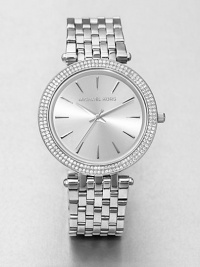 A sleek stainless steel timepiece accented with two rows of brilliant crystals on the bezel. Quartz movementWater resistant to 5 ATMRound stainless steel case, 39mm (1.5) Crystal accented bezelSilvertone dialBar hour markersSecond hand Stainless steel link braceletImported A sleek stainless steel timepiece accented with two rows of brilliant crystals on the bezel. Quartz movementWater resistant to 5 ATMRound stainless steel case, 39mm (1.5) Crystal accented bezelSilvertone dialBar hour markersSecond hand Stainless steel link braceletImported